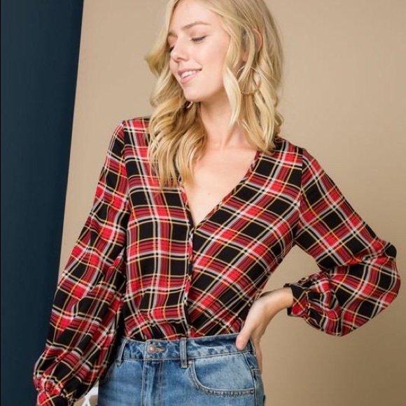 Long Billowed Sleeve Plaid Bodysuit - Picture 6 of 8